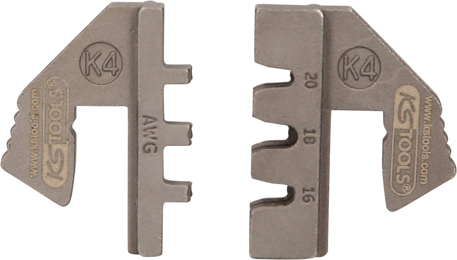 Two metallic crimping inserts with the marking 'K4' and AWG scale from 16 to 20, used for cable connections in electrical engineering.
