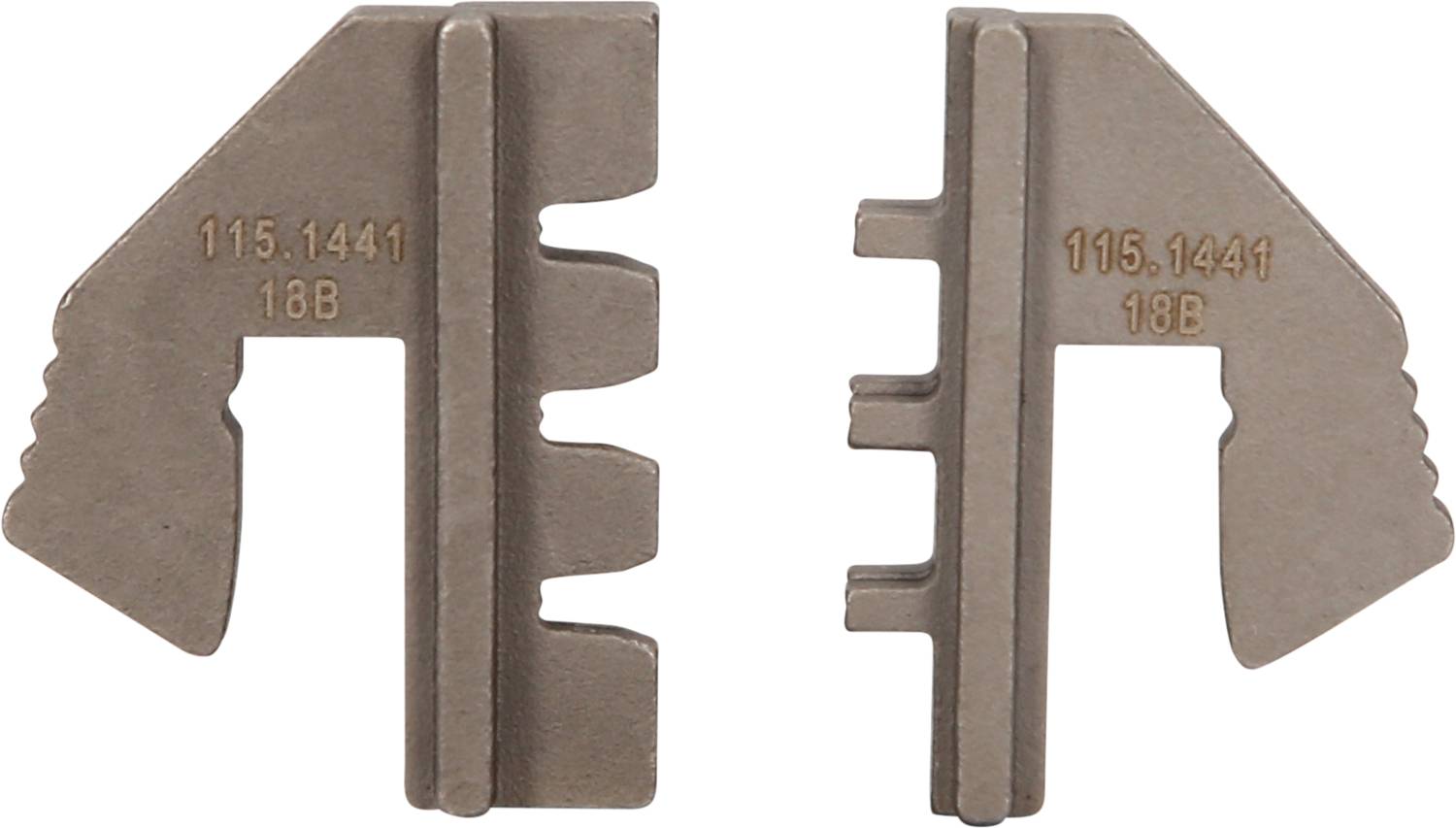 Two metal components with serrated edges and an identical engraving '115.1441 18B'. They appear symmetrical and mechanically compatible.