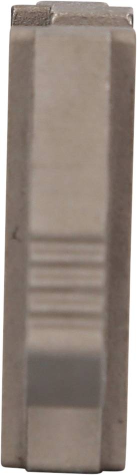 A silver, rectangular metal object with a ribbed surface on one side.