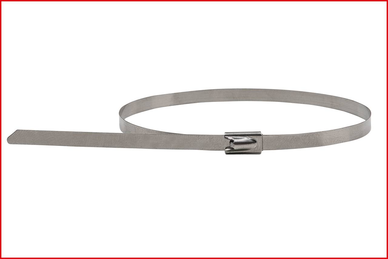 A flat, silver cable tie made of stainless steel lies unrolled. It is secured by a small, rectangular closure sleeve.
