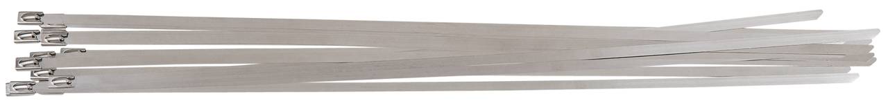 A bundle of silver cable ties is stacked on a white background. They are made of metal and suitable for fastening.