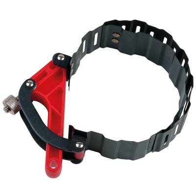A black, adjustable strap with a red holder, suitable for attaching to a cylinder or similar object.