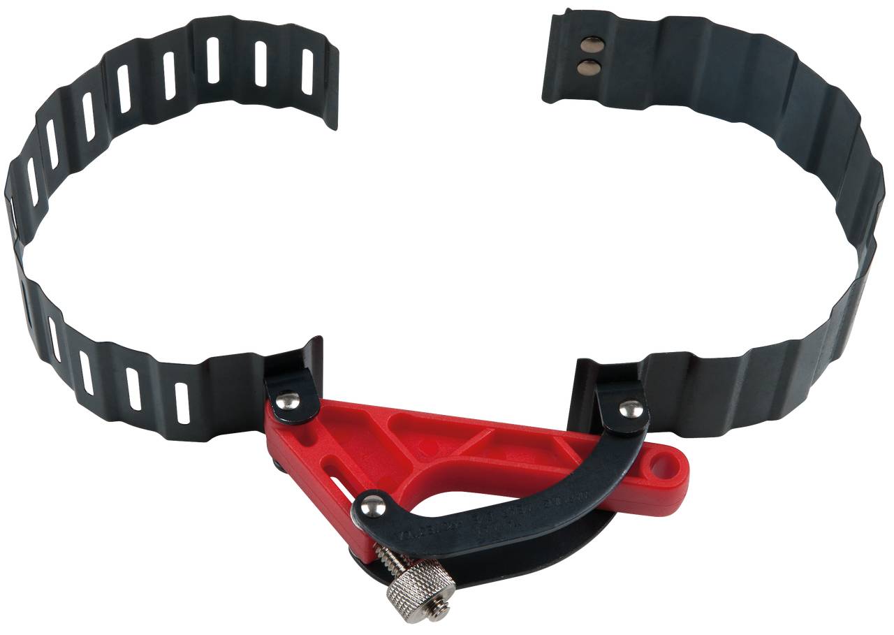 Red and black adjustable oil filter wrench with ribbed belt for removing oil filters in various sizes.