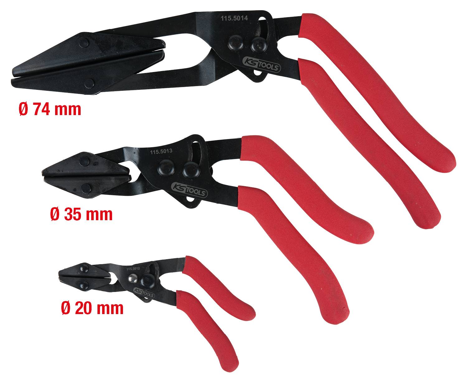 Three pliers with red handles in different sizes: 74 mm, 35 mm, and 20 mm. Tool for various pipe diameters.