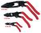 Three pliers with red handles in different sizes: 74 mm, 35 mm, and 20 mm. Tool for various pipe diameters.