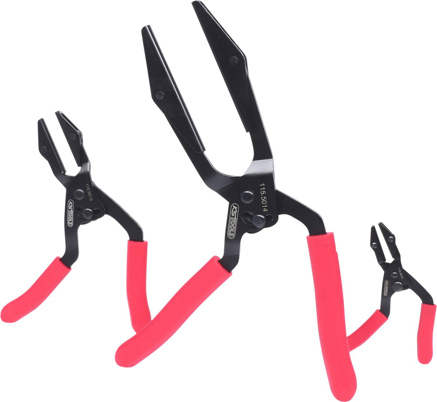 Two black pliers with red handles, which are different in size. They are lying next to each other and are positioned at a diagonal angle.