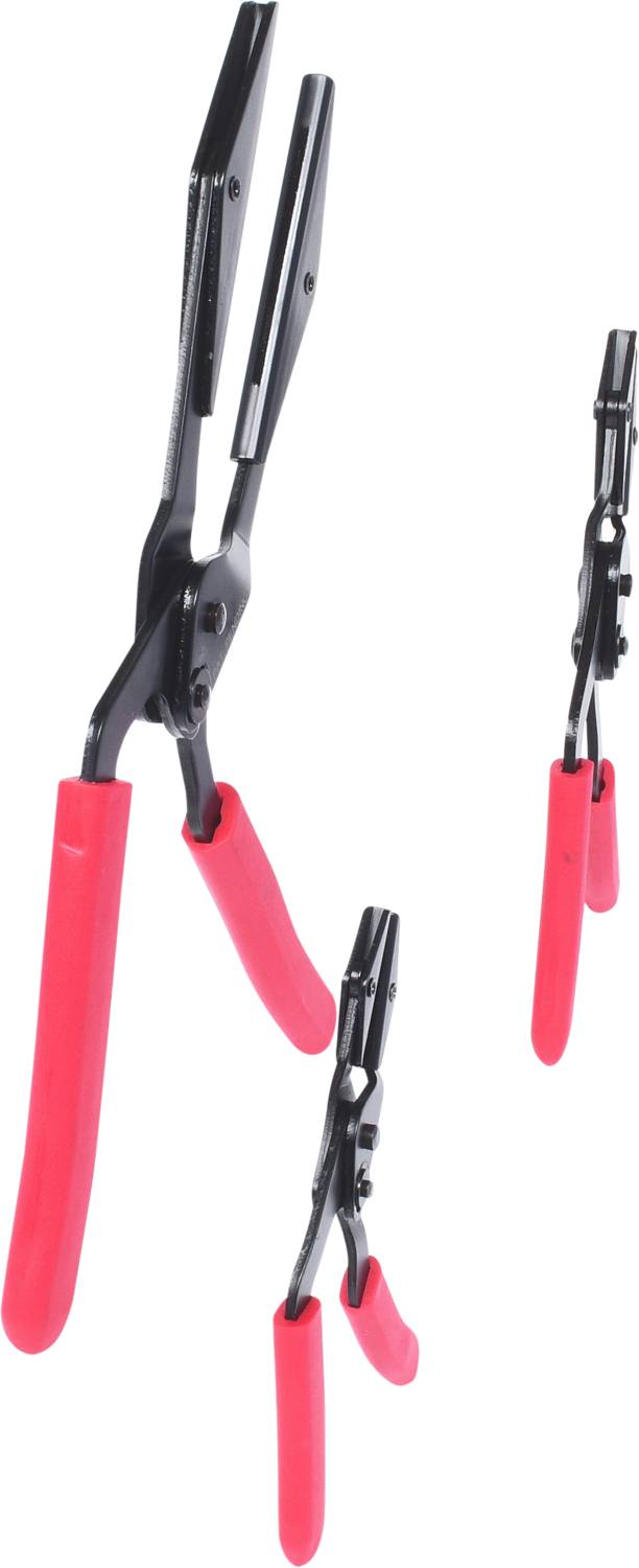 Black and red pliers in various views; showing both plier handles and gripping jaws.