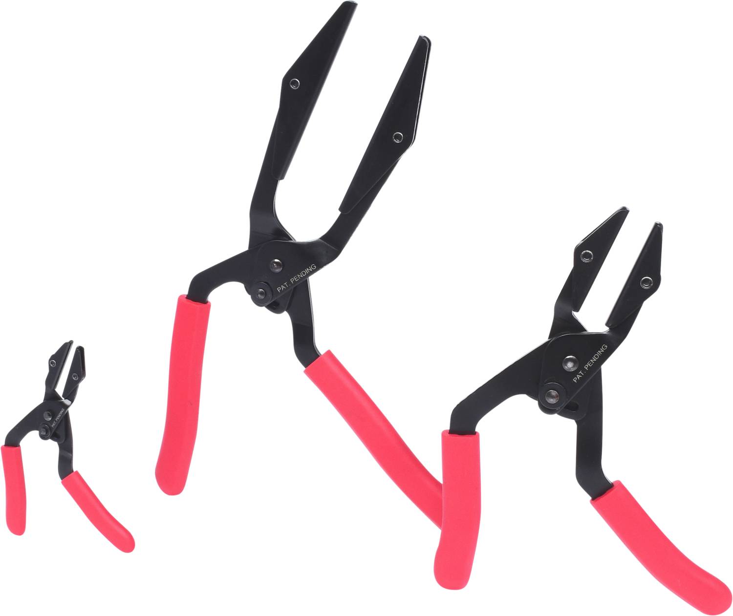 Three black pliers with red handles arranged side by side in different sizes.