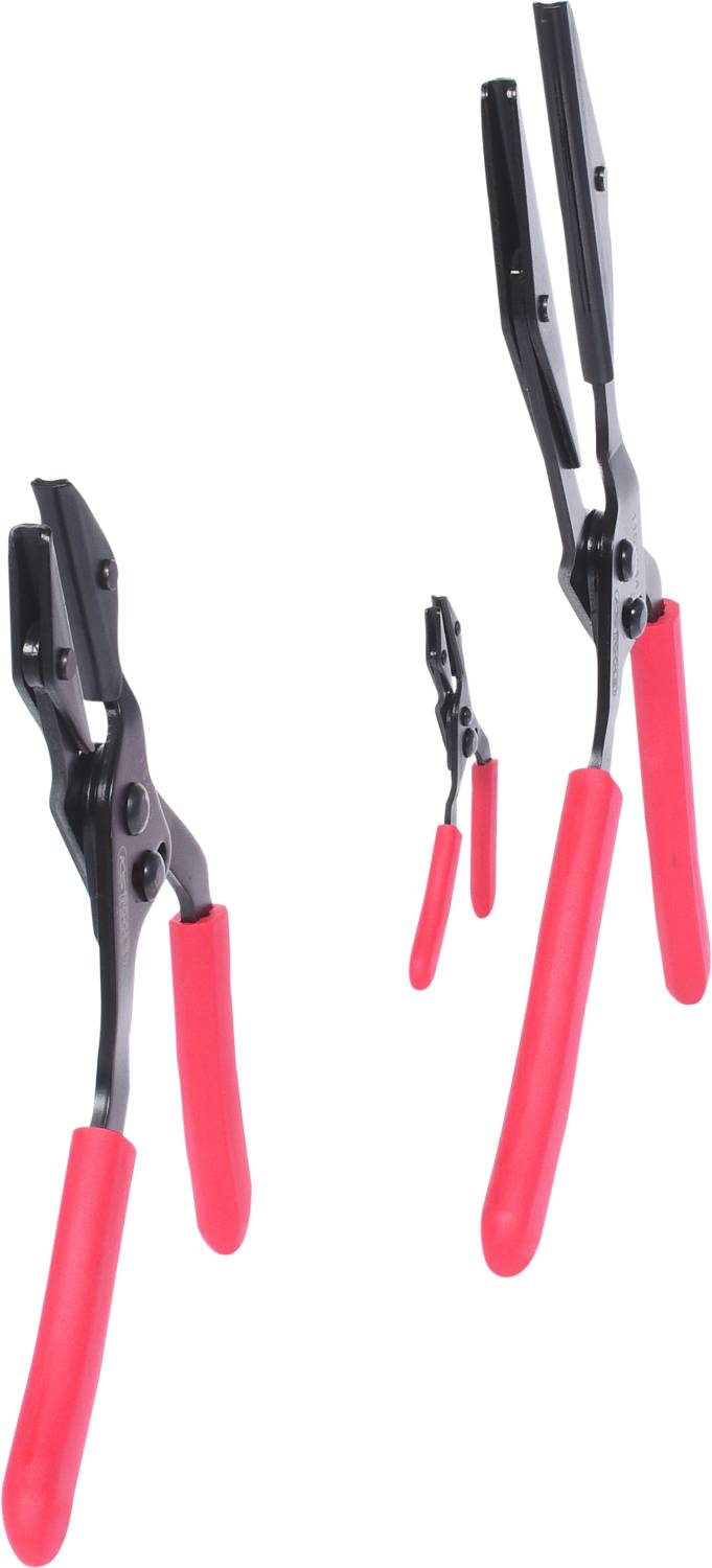 'Three black pliers with red handles in various sizes on a white background.'
