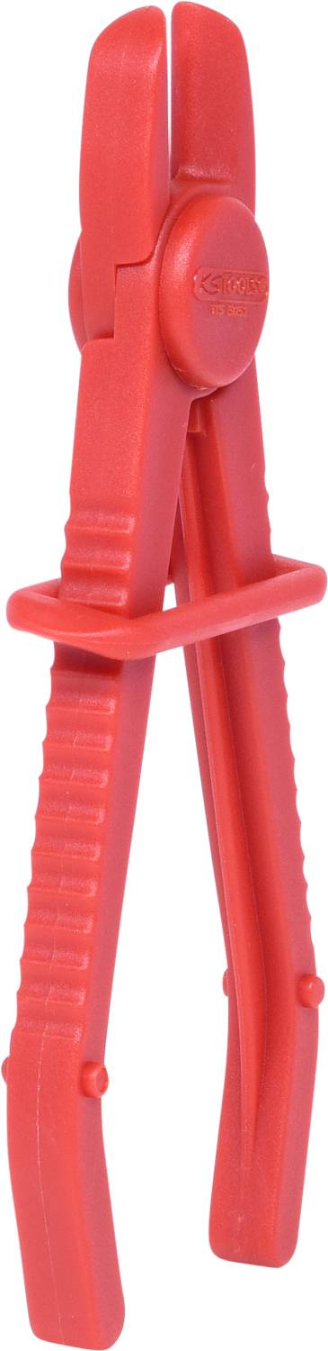 A red plastic pinch clamp, used for temporarily sealing tubes, with ribbed handles for improved grip.