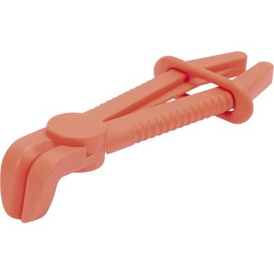 Red plastic tube clamp with serrated handle and securing clip for sealing flexible hoses.