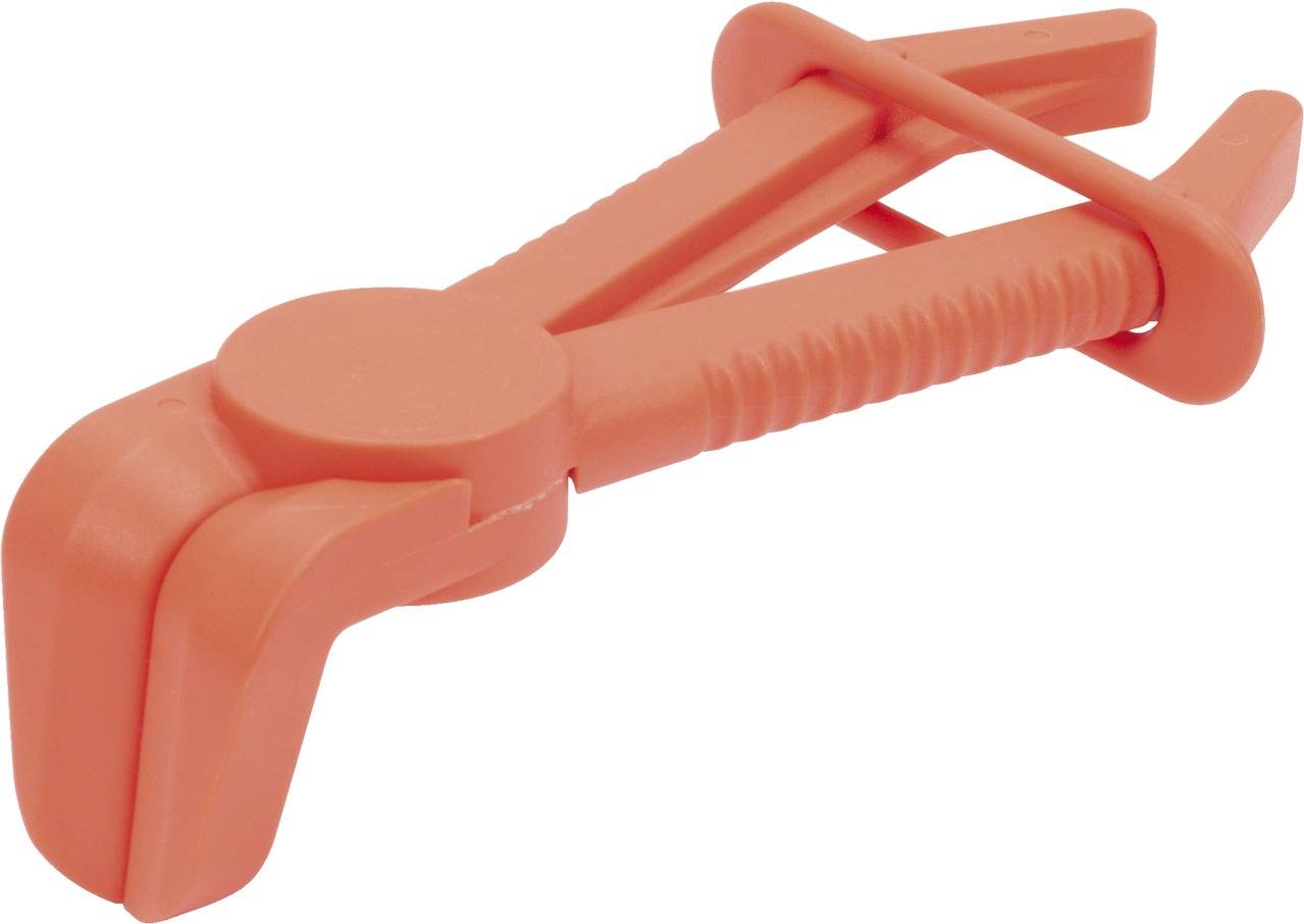 An orange plastic tube clamp used for securing or blocking hoses.