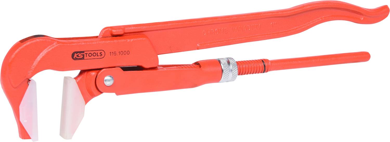 Red pipe wrench with adjustable handle and rubber grip on the jaws, suitable for plumbing and pipe installation work.