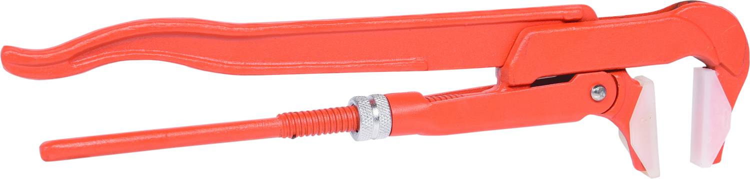 Red pipe wrench on a white background, suitable for gripping and turning pipes in plumbing work.