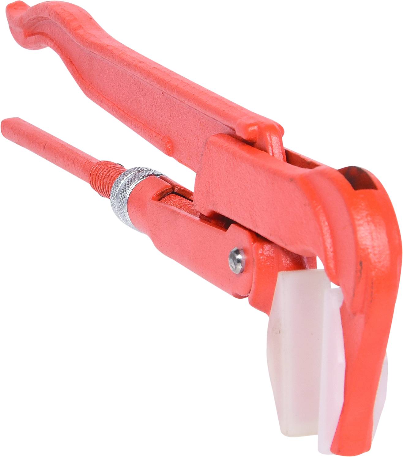 Red adjustable pipe wrench with an adjustable head on a white background.