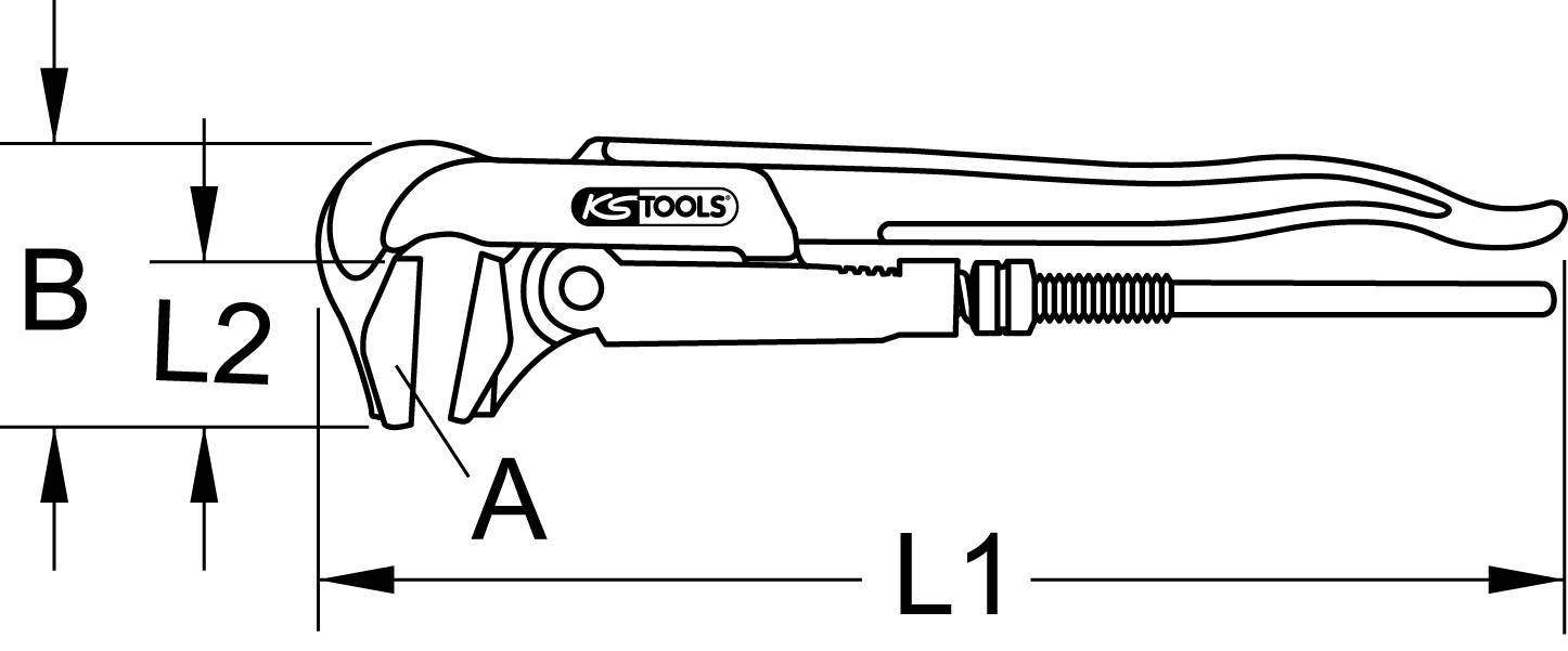 'Drawing of a pipe wrench with lengths L1 and L2 and distances A and B. Brand name "KS Tools" on the handle.'