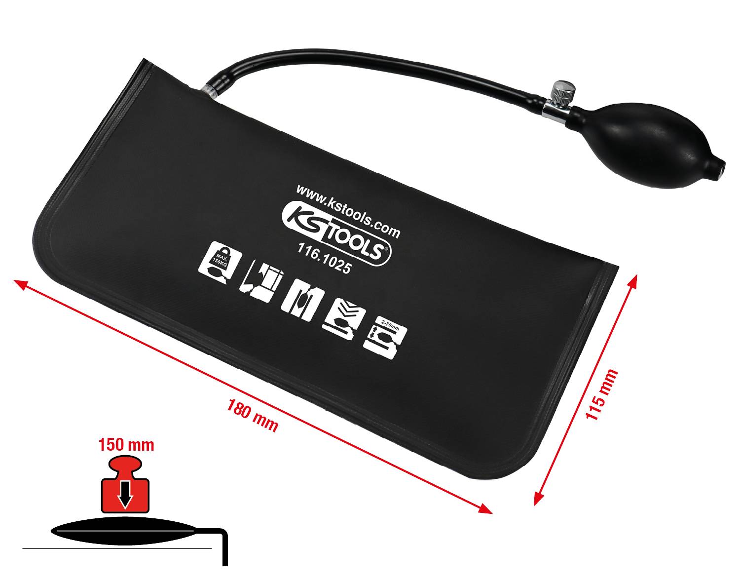 'Black air cushion jack by KS Tools with hand pump, 180 mm x 115 mm. For lifting objects with 150 mm maximum lift.'