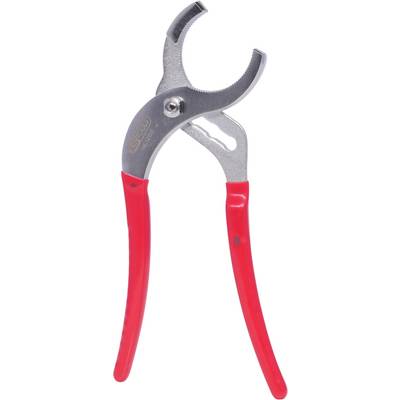 Red pipe wrench with adjustable jaws, suitable for gripping pipes and round objects, on a white background.