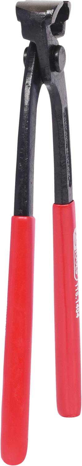 A black and red pliers with a robust handle, used for pulling or bending wire.