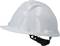 A white hard hat, pictured from the side, symbolises protection and safety in the workplace, especially on construction sites.