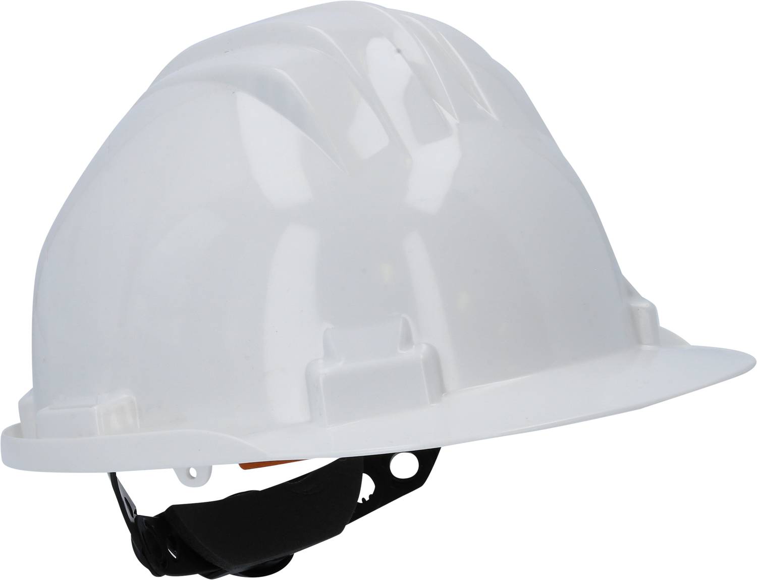 White safety helmet, side view, showing protective equipment for construction work or industrial applications.