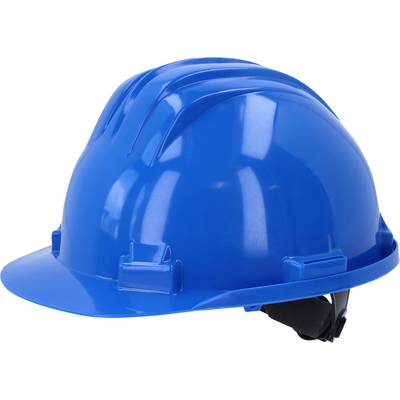 A blue safety helmet, commonly used to protect the wearer in construction and industrial environments.