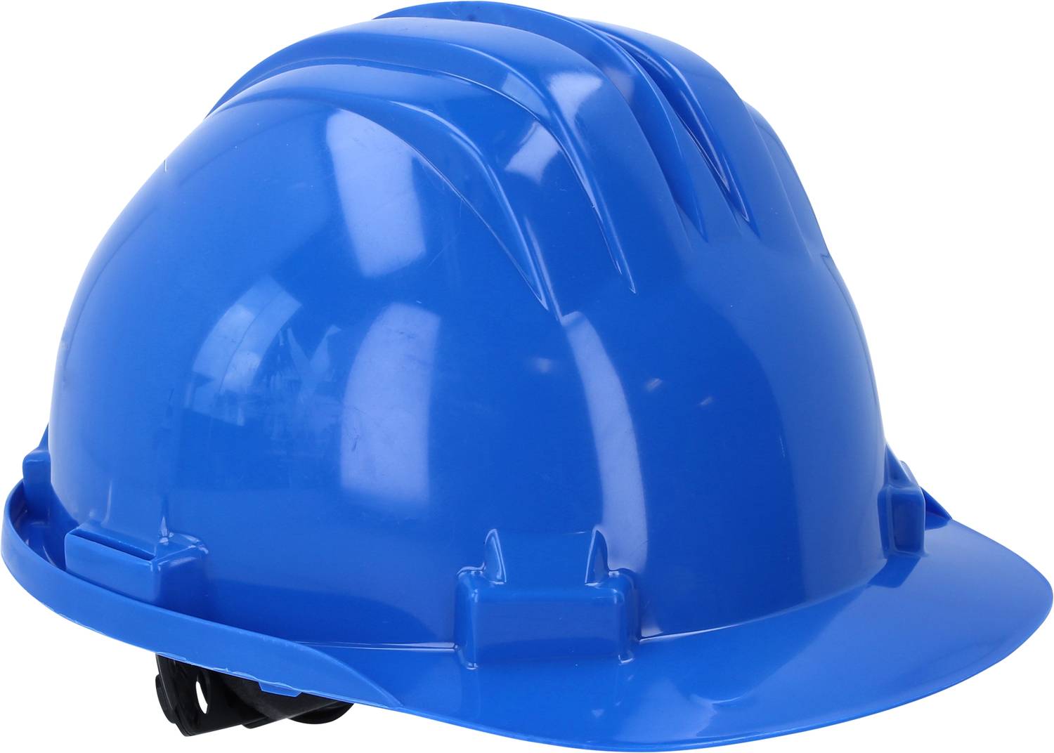 A blue plastic safety helmet indicating workplace safety.