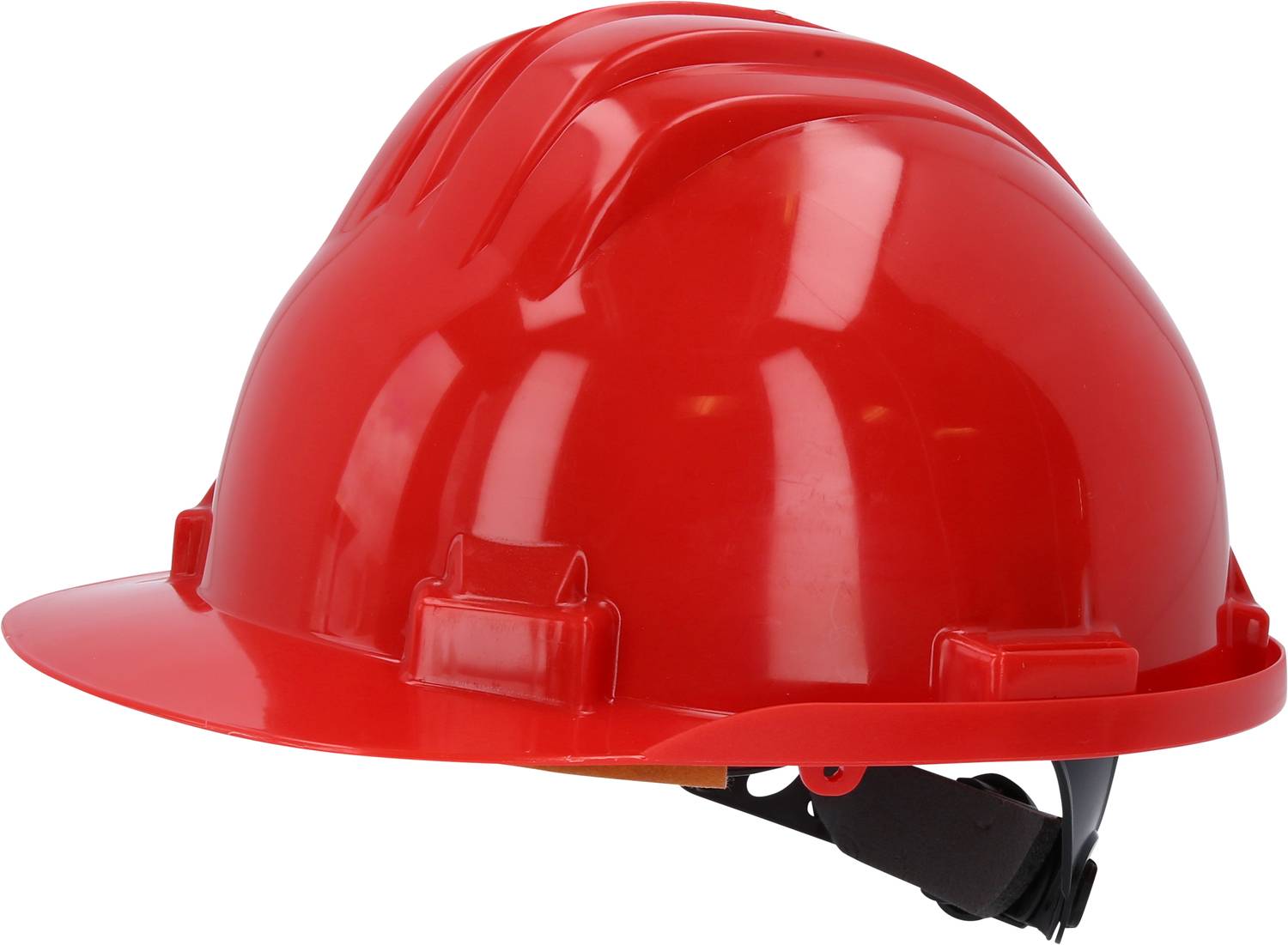 A red plastic safety helmet viewed from the side, used on construction or industrial sites.
