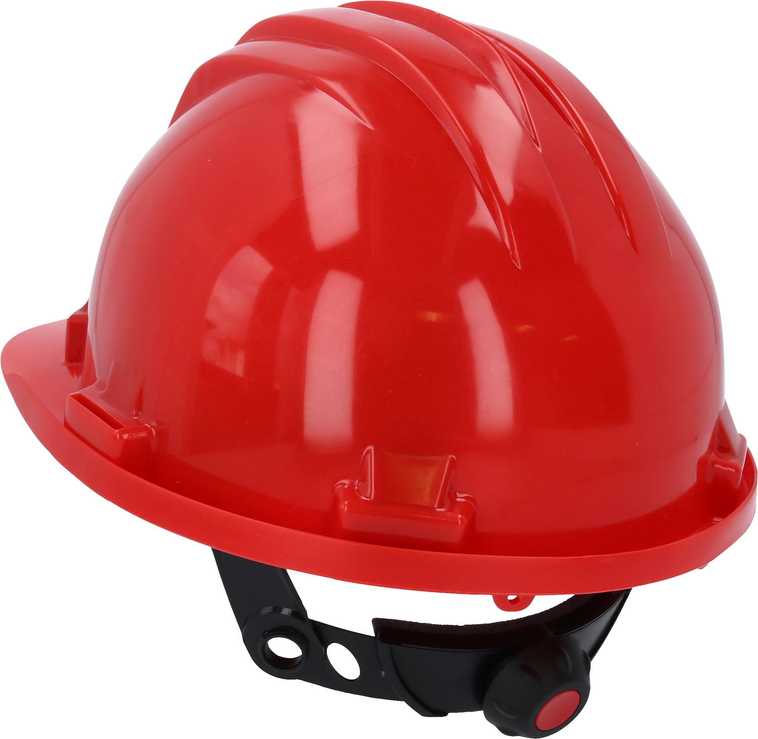 A red safety helmet with a chin strap, photographed from the side. It is frequently worn for protection in construction and industrial environments.