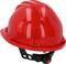 A red safety helmet with a chin strap, photographed from the side. It is frequently worn for protection in construction and industrial environments.