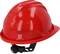 A red safety helmet with an adjustable strap, on a flat background. Suitable for construction or safety environments.