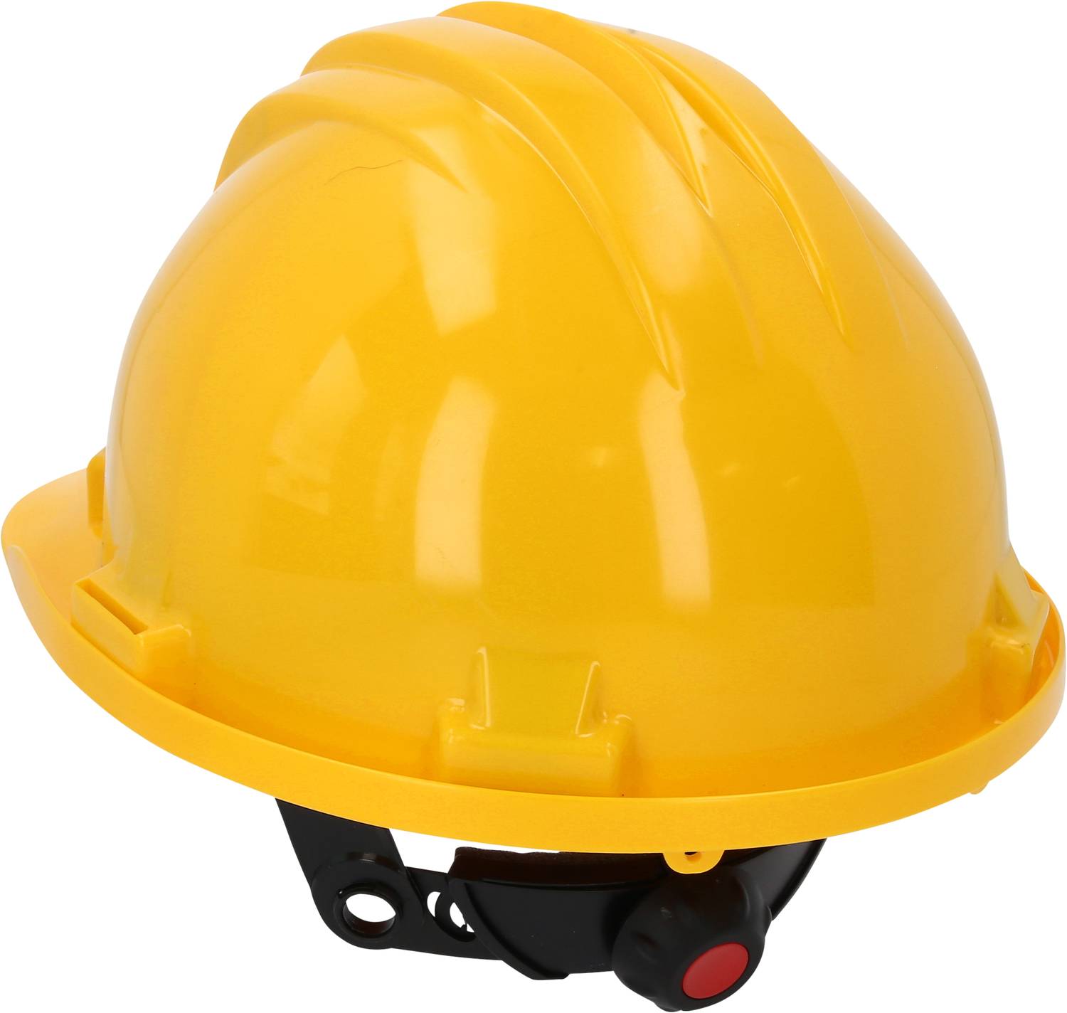 Yellow safety helmet with adjustable chin strap, commonly used on construction sites to protect the head from injuries.