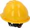 Yellow safety helmet with adjustable chin strap, commonly used on construction sites to protect the head from injuries.
