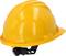 Yellow hard hat with adjustable chin strap, providing protection during construction work.