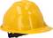Yellow hard hat on a white background, typical of workplace safety on construction sites.