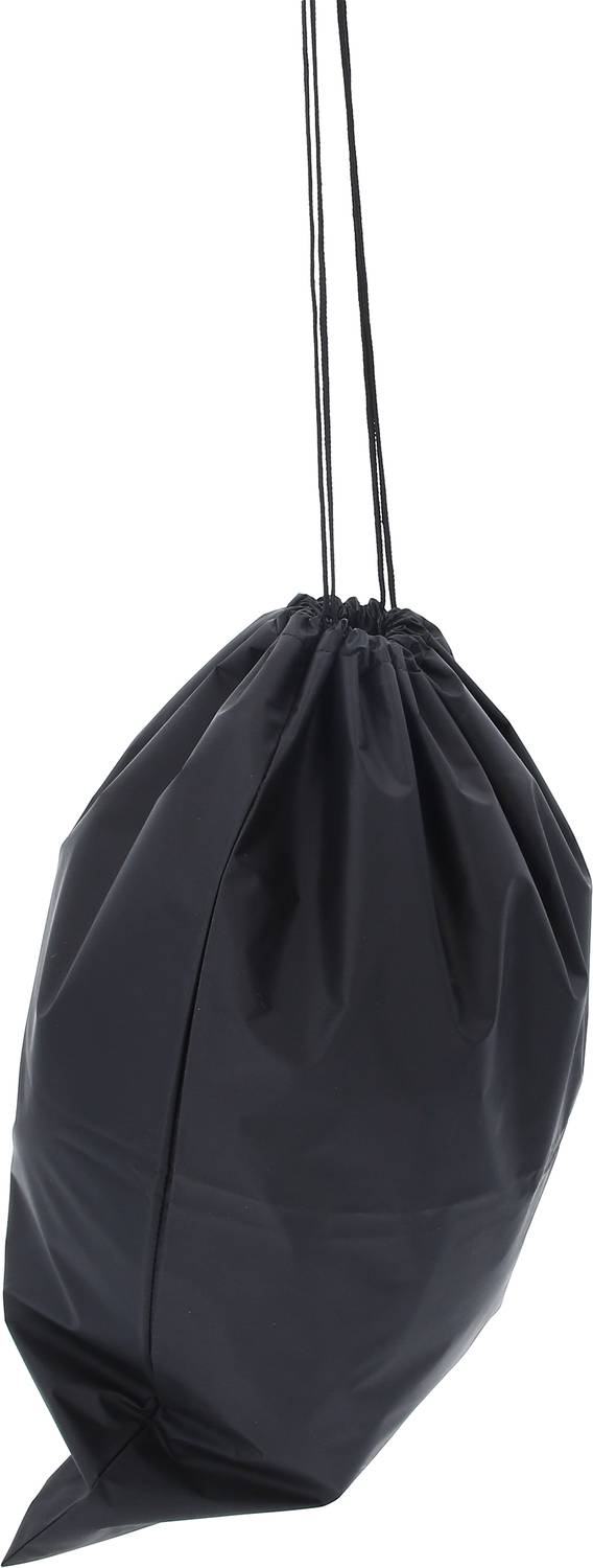 Black drawstring bag with two drawstrings, hanging by its cords.