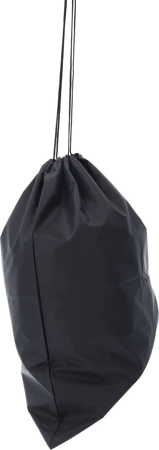 Black drawstring bag made from smooth fabric with two cords.