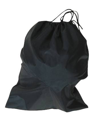 A black fabric bag with a drawstring, empty and crumpled, lies on a light background.