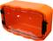 An orange, rectangular plastic container with a transparent lid and black hinges, for storage.