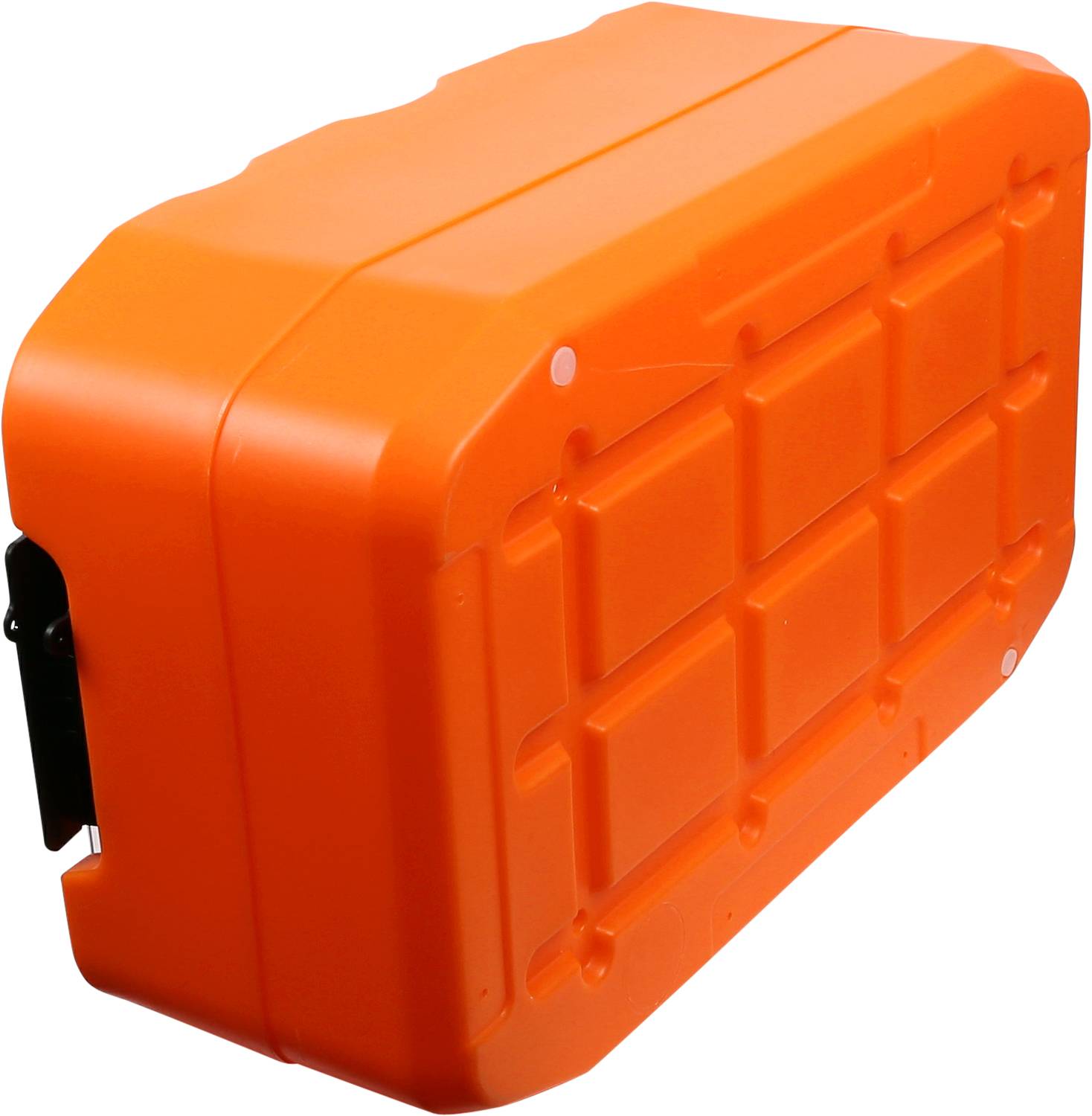 An orange, sturdy plastic suitcase with a ribbed design.