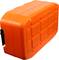 An orange, sturdy plastic suitcase with a ribbed design.