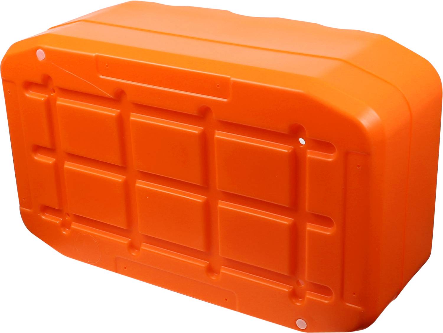 An orange, rectangular plastic container with textured lines on the lid.