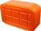 An orange, rectangular plastic container with textured lines on the lid.