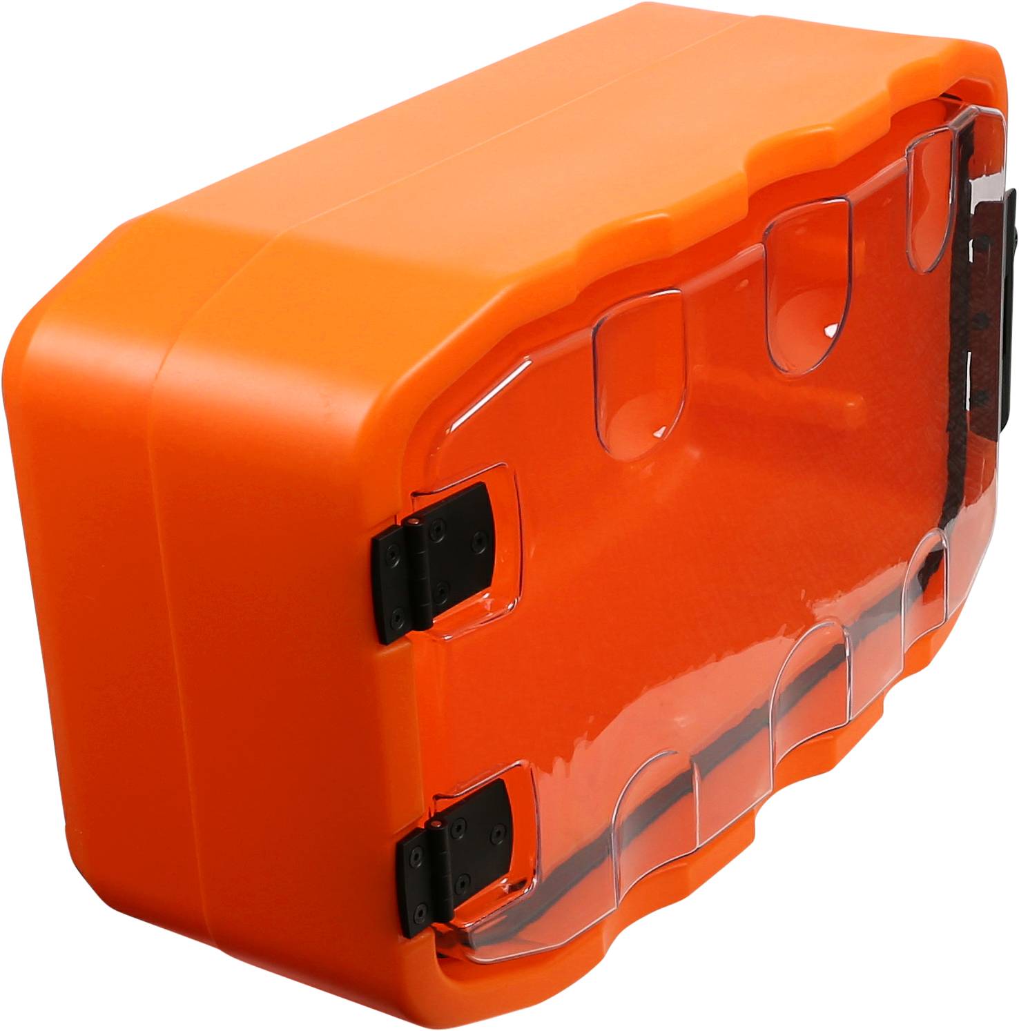 An orange, rectangular suitcase with a transparent lid and black hinges, suitable for secure storage.