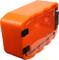 An orange, rectangular suitcase with a transparent lid and black hinges, suitable for secure storage.