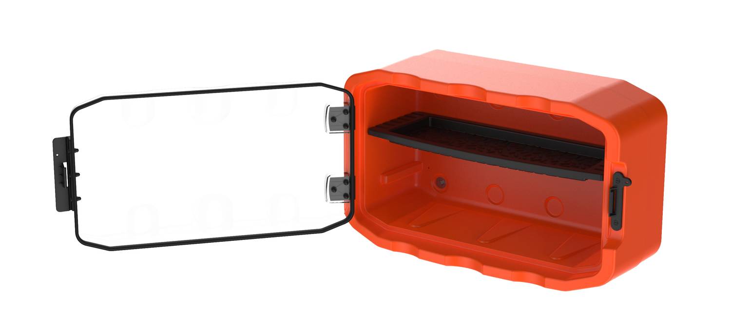 Red, rectangular case with an open flap, revealing an interior with a removable black compartment on the right side.