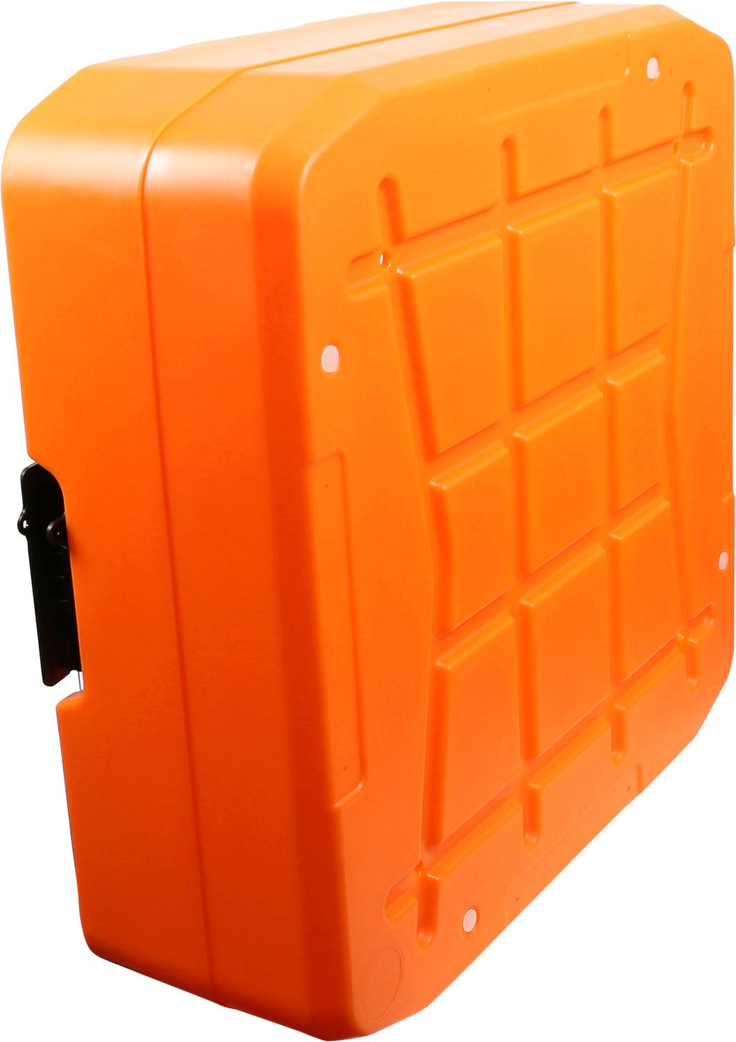 Orange hard-shell suitcase with structured design and black fastening, suitable for secure transportation of items.