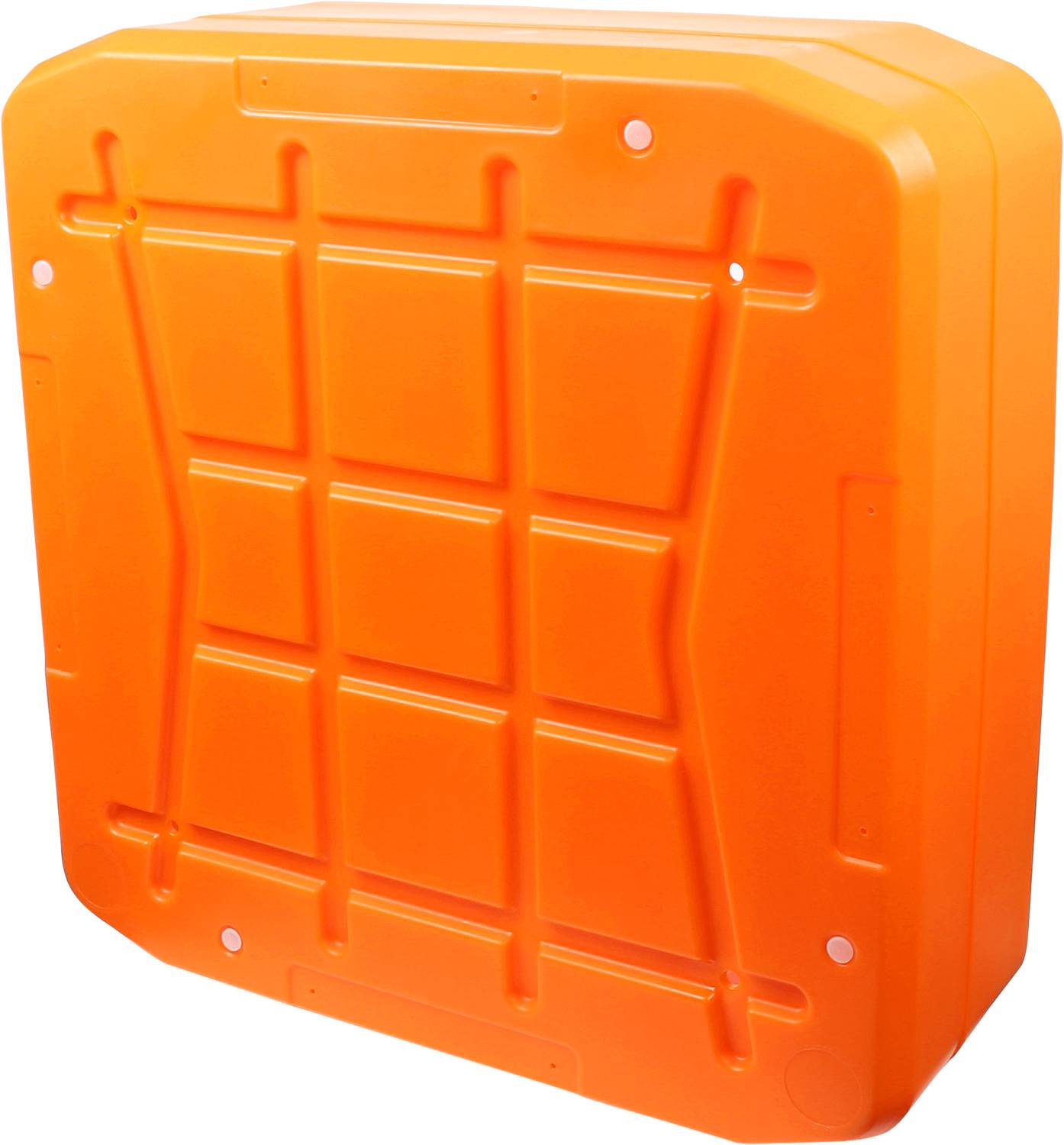 A large, orange plastic container with reinforced grooves and rounded edges, likely for protection or storage.