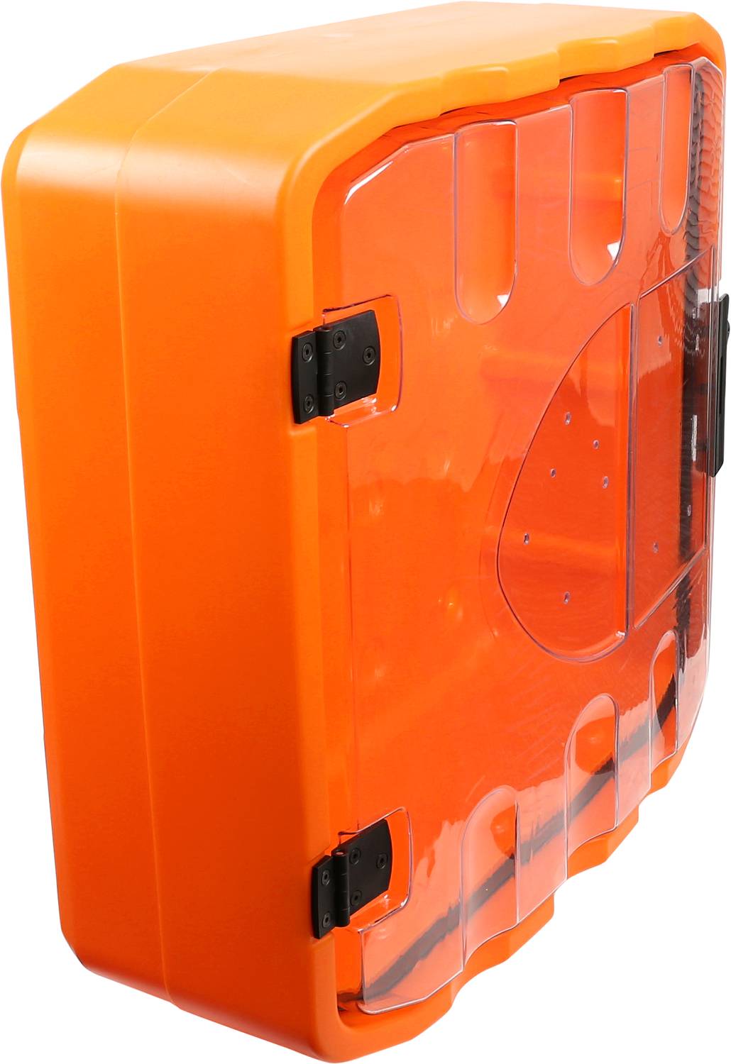 An orange, transparent box with a black hinge, suitable for securely storing items.