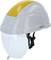 A white safety helmet with yellow detailing, fitted with a transparent visor.
